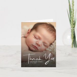 Cartão De Agradecimento Batismo de Foto do Bebê do Script Branco Moderno