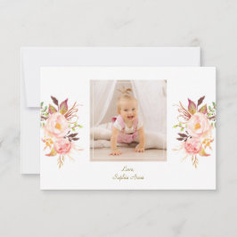 Cartão De Agradecimento Batismo de Foto Dourada Floral, Rosa Elegante