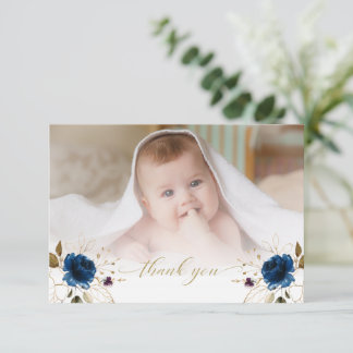 Cartão De Agradecimento Batismo de Foto Dourado Floral Azul de Aquarela