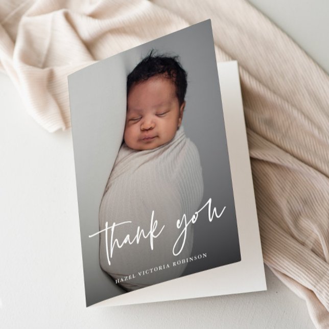 Cartão De Agradecimento Batismo de Fotografia Religiosa do Script Moderno (Modern script photo baptism thank you card.)