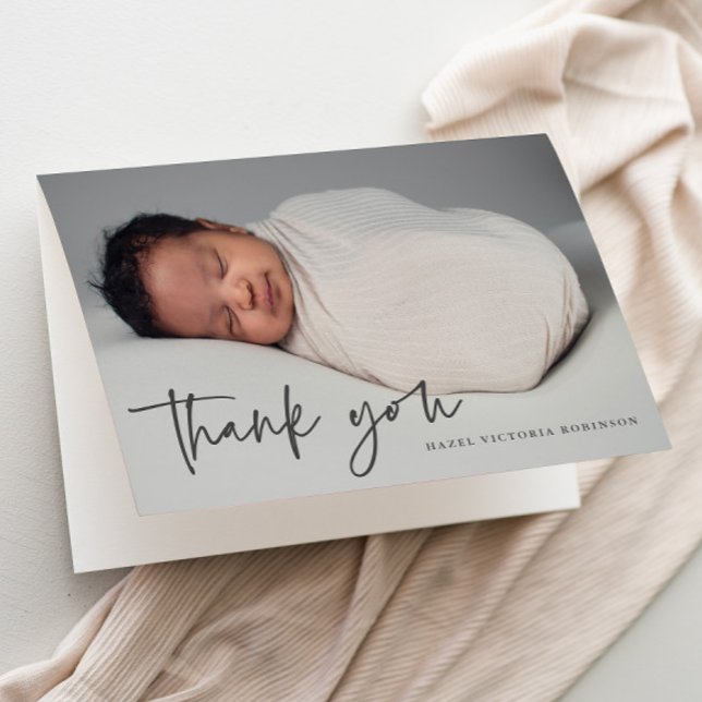 Cartão De Agradecimento Batismo de Fotografia Religiosa do Script Moderno (Simple modern script baby photo baptism thank you card.)