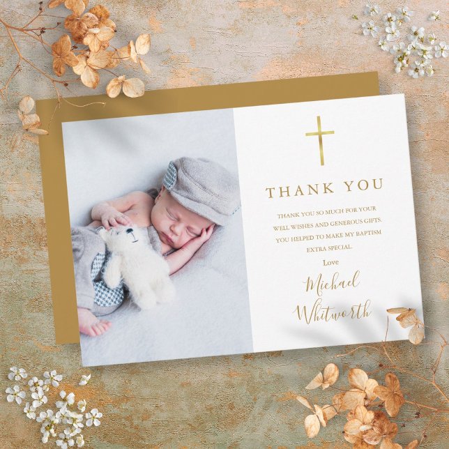 Cartão De Agradecimento Batismo de Script de Assinatura de Foto Elegante (Elegant Photo Signature Script Baptism Thank You Card)