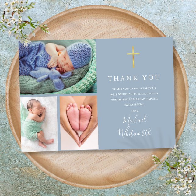 Cartão De Agradecimento Batismo de Script de Assinatura de Foto Elegante 3 (Simple Elegant 3 Photo Signature Script Baptism Thank You Card)