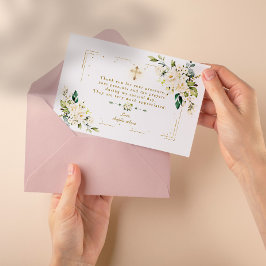 Cartão De Agradecimento Batismo Dourado Floral Branca com Frame Cruzado