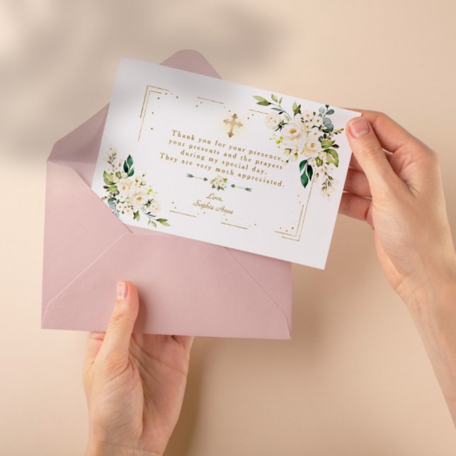 Cartão De Agradecimento Batismo Dourado Floral Branca com Frame Cruzado (thank you white floral invitation baptism)