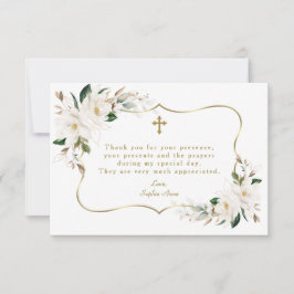 Cartão De Agradecimento Batismo Dourado Floral da Magnolia Branca