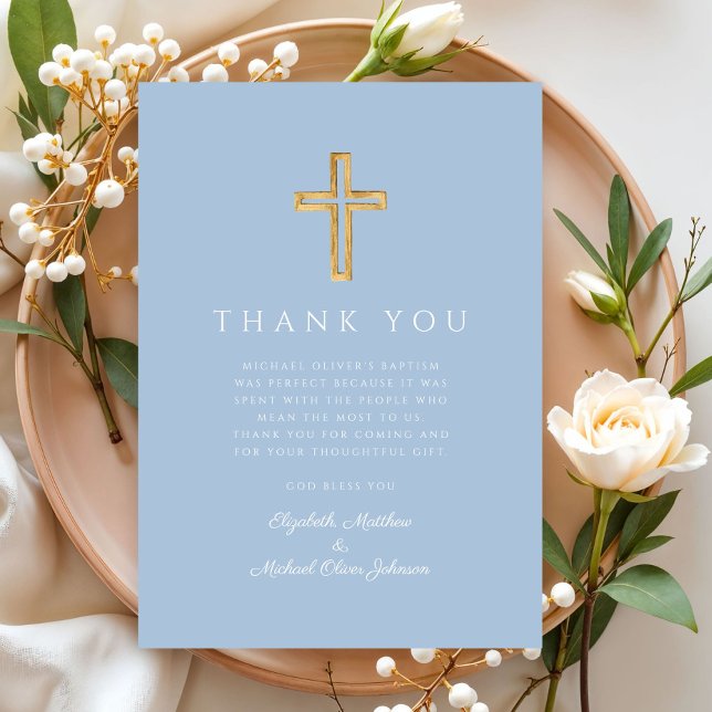 Cartão De Agradecimento Batismo Elegante Baby Blue Cross Boy (Elegant Baby Blue Cross Boy Baptism Thank You Card)