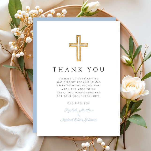 Cartão De Agradecimento Batismo Elegante Baby Blue Cross Boy (Elegant Baby Blue Cross Boy Baptism Thank You Card)