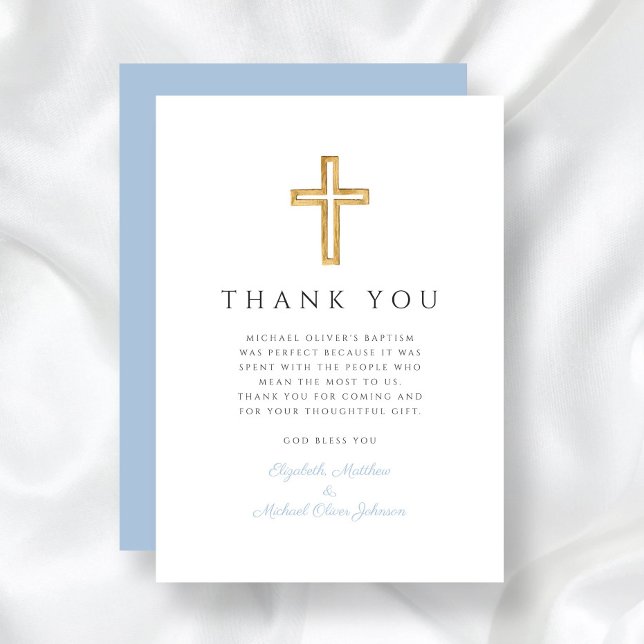 Cartão De Agradecimento Batismo Elegante Baby Blue Cross Boy (Elegant Baby Blue Cross Boy Baptism Thank You Card)