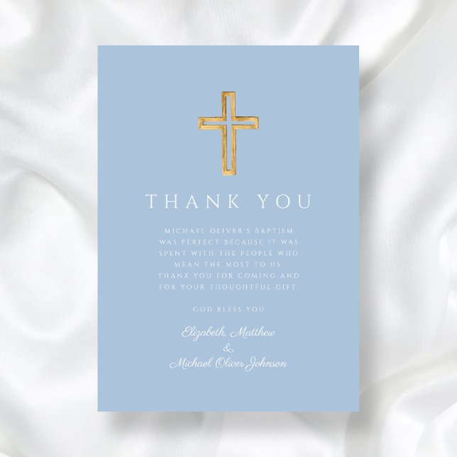 Cartão De Agradecimento Batismo Elegante Baby Blue Cross Boy (Elegant Baby Blue Cross Boy Baptism Thank You Card)