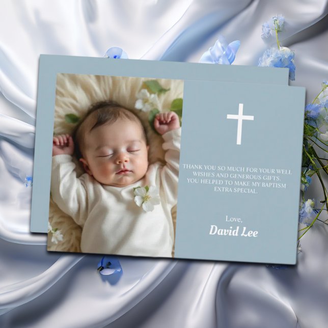 Cartão De Agradecimento Batismo elegante Christening White Cross Dusty Blu (Criador carregado)