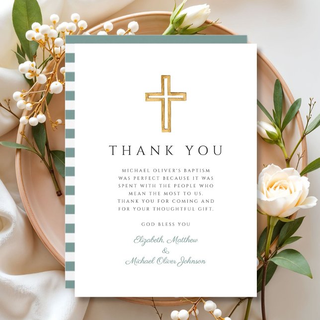 Cartão De Agradecimento Batismo Elegante da Cruz Verde (Elegant Green Cross Boy Baptism Thank You Card)