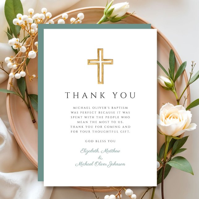 Cartão De Agradecimento Batismo Elegante da Cruz Verde (Elegant Green Cross Boy Baptism Thank You Card)