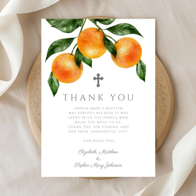 Cartão De Agradecimento Batismo Elegante De Rapariga (Elegant Oranges Girl Baptism Thank You Card)