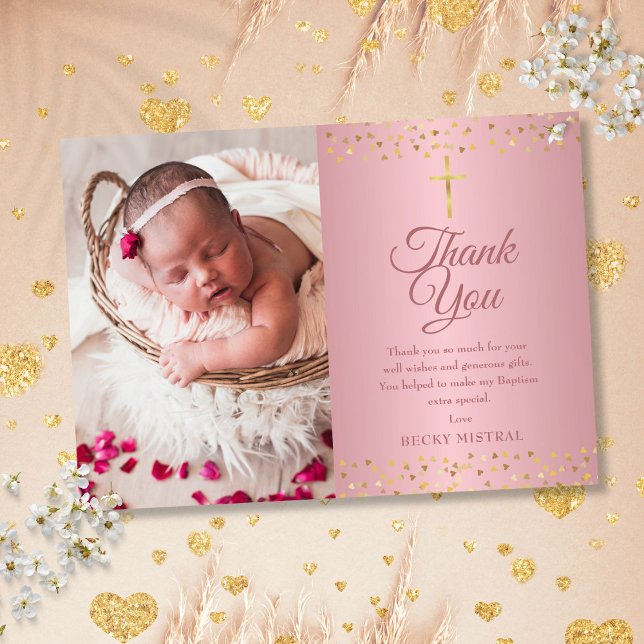 Cartão De Agradecimento Batismo em Rose Gold Corações Foto (Rose Gold Baptism Christening Hearts Photo Thank You Card)