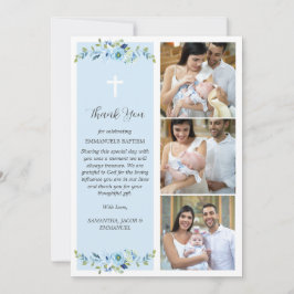 Cartão De Agradecimento Batismo Floral Azul Multifoto para Meninos Obrigad