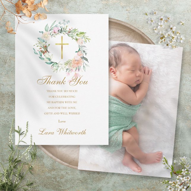 Cartão De Agradecimento Batismo Foto de Rosas Florais Douradas (Baptism Christening Photo Roses Floral Gold Thank You Card)