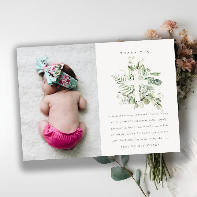 Cartão De Agradecimento Batismo Fotográfico da Cruz da Fauna de Eucalipto  (Criador carregado)