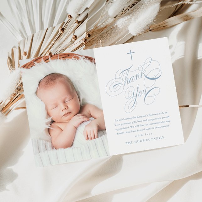 Cartão De Agradecimento Batismo Fotográfico de Meninos Azuis Elegante Cali (Elegant calligraphy boys photo baptism thank you card.)