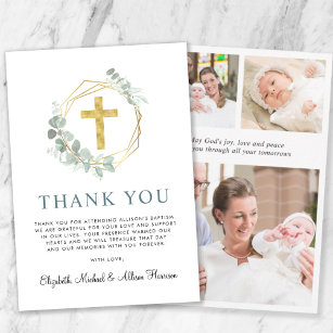 Cartão De Agradecimento Batismo Fotográfico Dourado Elegante Cross Greener