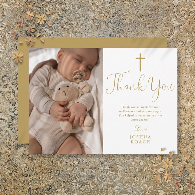 Cartão De Agradecimento Batismo Fotográfico Dourado Elegante Moderno (Modern Elegant Gold Script Photo Baptism Thank You Card)