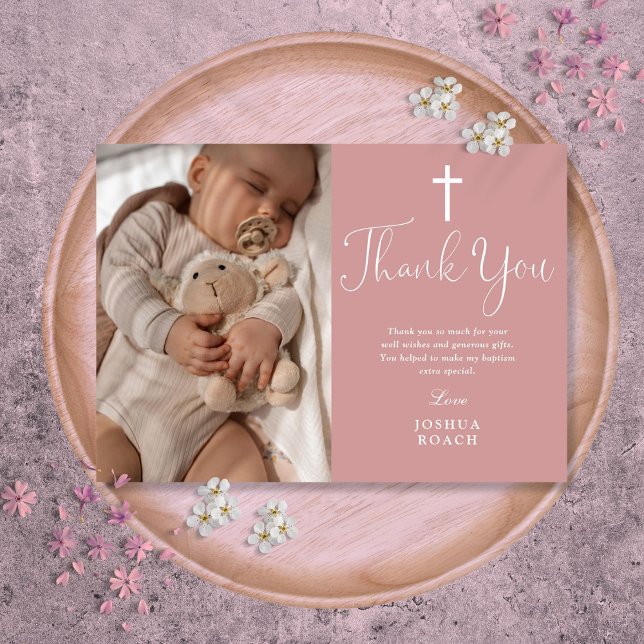 Cartão De Agradecimento Batismo Fotográfico Elegante Rosa-Rosa-Rosa Dusty (Dusty Rose Pink Elegant Script Photo Baptism Thank You Card)