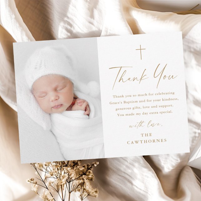 Cartão De Agradecimento Batismo Fotográfico Gold Cross, Script Elegante Mo (Modern elegant script gold  baby photo baptism thank you cad.)