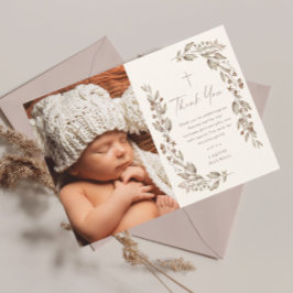 Cartão De Agradecimento Batismo Fotográfico neutro de Boho Wildflower