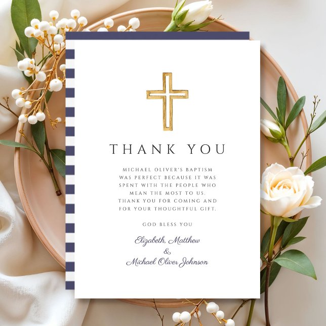 Cartão De Agradecimento Batismo Marinho Elegante Blue Cross Boy (Elegant Navy Blue Cross Boy Baptism Thank You Card)