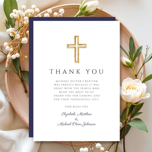 Cartão De Agradecimento Batismo Marinho Elegante Blue Cross Boy (Elegant Navy Blue Cross Boy Baptism Thank You Card)