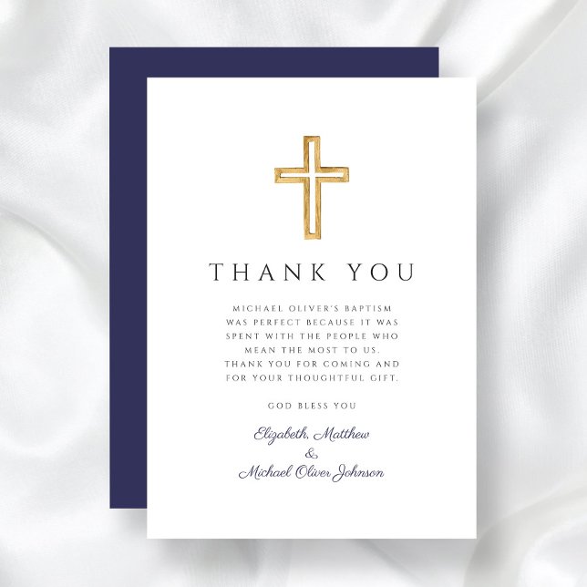 Cartão De Agradecimento Batismo Marinho Elegante Blue Cross Boy (Elegant Navy Blue Cross Boy Baptism Thank You Card)
