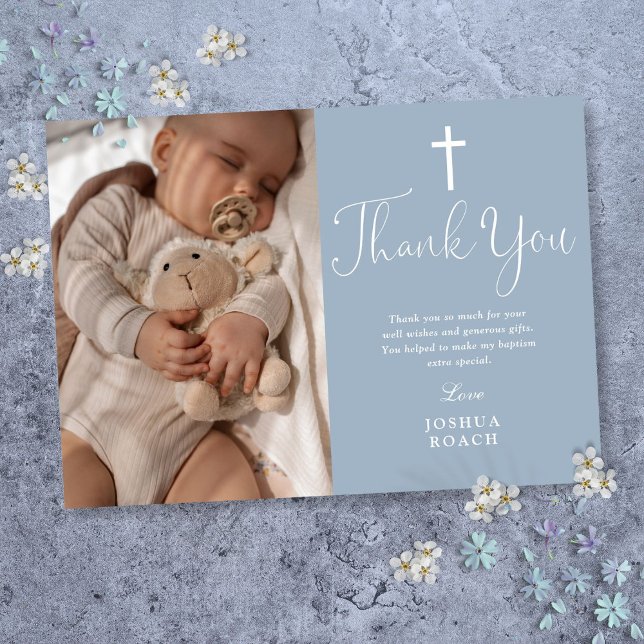 Cartão De Agradecimento Batismo Moderno Azul Empoeirado com Letra Elegante (Dusty Blue Modern Elegant Script Baptism Thank You Card)