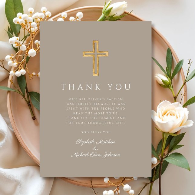 Cartão De Agradecimento Batismo Moderno Da Cruz Taupe (Modern Taupe Cross Boy Baptism Thank You Card)