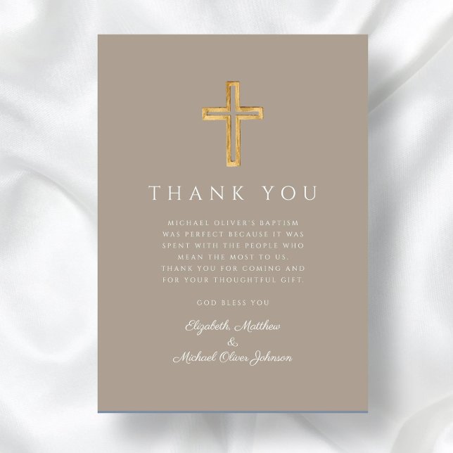 Cartão De Agradecimento Batismo Moderno Da Cruz Taupe (Modern Taupe Cross Boy Baptism Thank You Card)