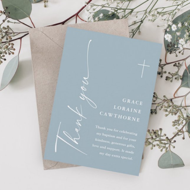 Cartão De Agradecimento Batismo moderno Elegante Dusty Blue Boys (Modern Script Dusty Blue Boys Baptism Thank You Cards.)