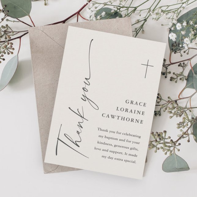 Cartão De Agradecimento Batismo Neutro por Sexo Elegante Moderno (Modern Script Gender Neutral Baptism Thank You Cards.)