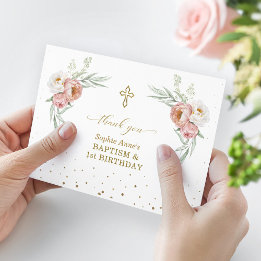 Cartão De Agradecimento Batismo primeiro aniversario Floral Rosa Branco Du