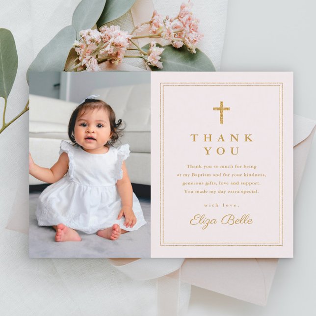 Cartão De Agradecimento Batismo religioso Dourado Clássico (Simple girls photo baptism thank you card with gold cross.)