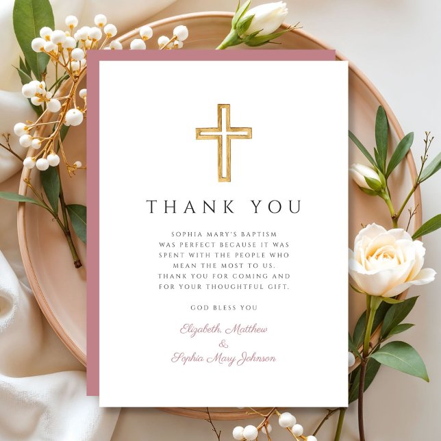 Cartão De Agradecimento Batismo religioso Rosa Elegante (Elegant Pink Religious Cross Girl Baptism Thank You Card)
