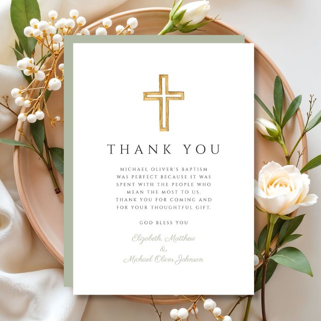 Cartão De Agradecimento Batismo religioso Verde Elegante (Elegant Sage Green Religious Cross Baptism Thank You Card)