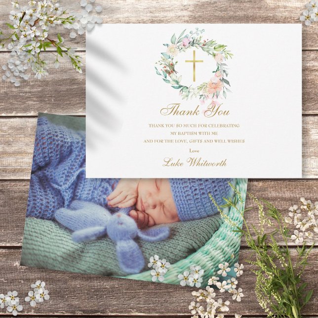 Cartão De Agradecimento Batismo Rosa Floral Foto Dourado (Baptism Christening Roses Floral Photo Gold Thank You Card)
