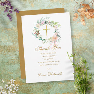 Cartão De Agradecimento Batismo Rosas Florais Dourado Script