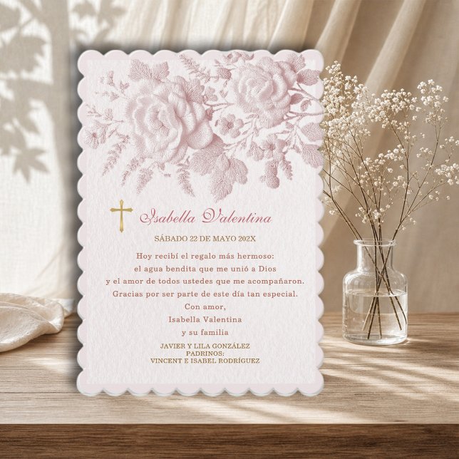 Cartão de Agradecimento Bautizo com Rosas Cor-de-R (Criador carregado)