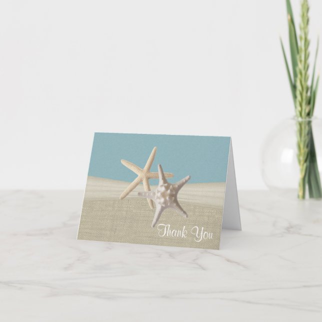 Cartão De Agradecimento Beach Burlap e Starfish Sky Blue Obrigado (Frente)