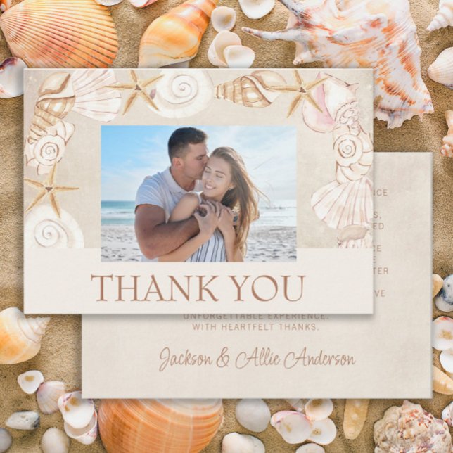 Cartão De Agradecimento Beach Seashells Sand Seaside Foto de Casamento (Beach/sea shells wedding photo Thank You card)