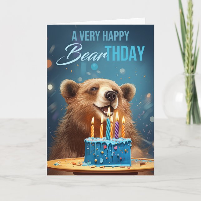 Cartão De Agradecimento Bear Aniversário Com Bolo e Velas Brincam com Pala (Frente)