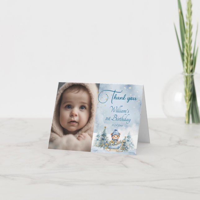Cartão De Agradecimento Bear Natal Um Primeiro Aniversário Inverno (Frente)