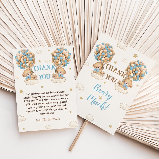 Cartão De Agradecimento Bear Twin Boys Chá Pastel Blue Beige Obrigado (Criador carregado)