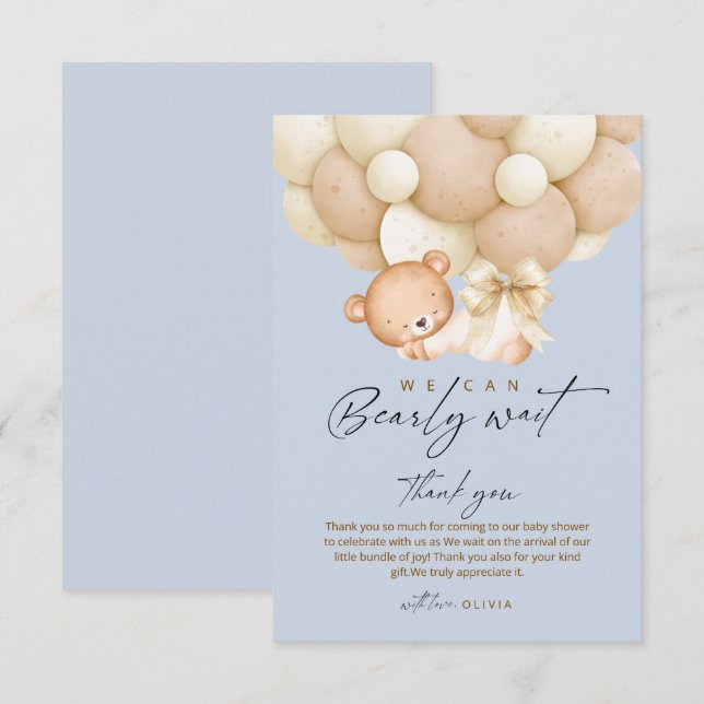 Cartão De Agradecimento Bearly Wait Blue Boy Baby Shower    (Frente/Verso)