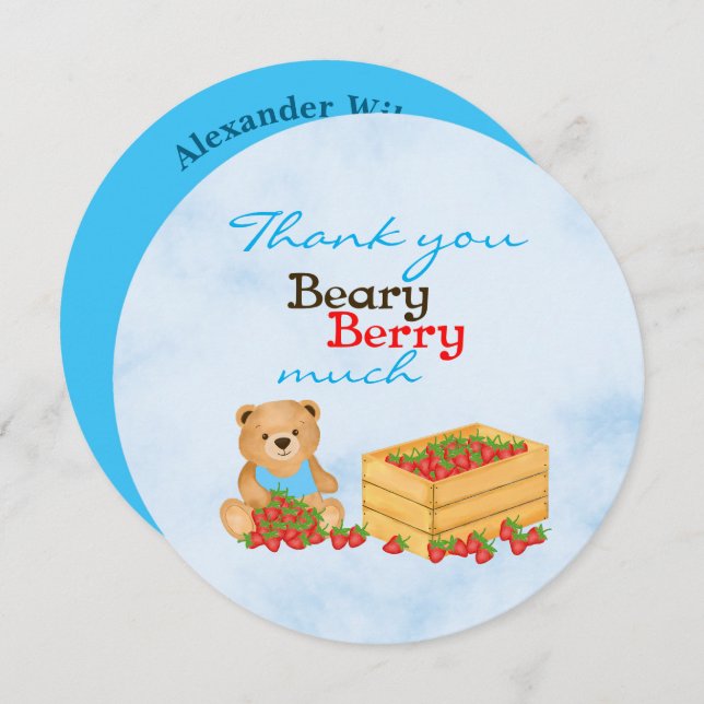 Cartão De Agradecimento Beary Berry Cute Blue Strawberry Cub Aniversário (Frente/Verso)